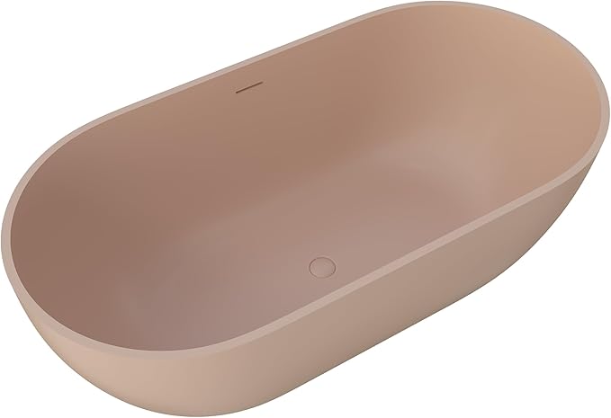 Premium 59" Pink-Sandstone Solid Surface Free Standing Tub, Upgraded Oval Resin Stone Bathtub with Overflow and Pop-up Drain