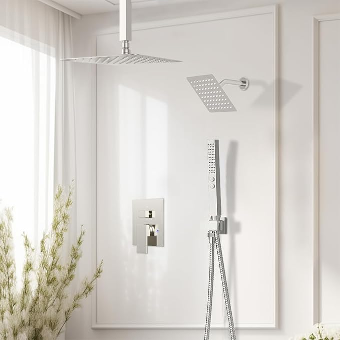 Rain Shower System Brushed Nickel,STARBATH Ceiling Mount 12'' Rain Shower Head and 6'' Rainfall Shower Head with Handheld Spray, 3 Way Shower Faucet Set with 5 Diverter and Trim Kit Complete