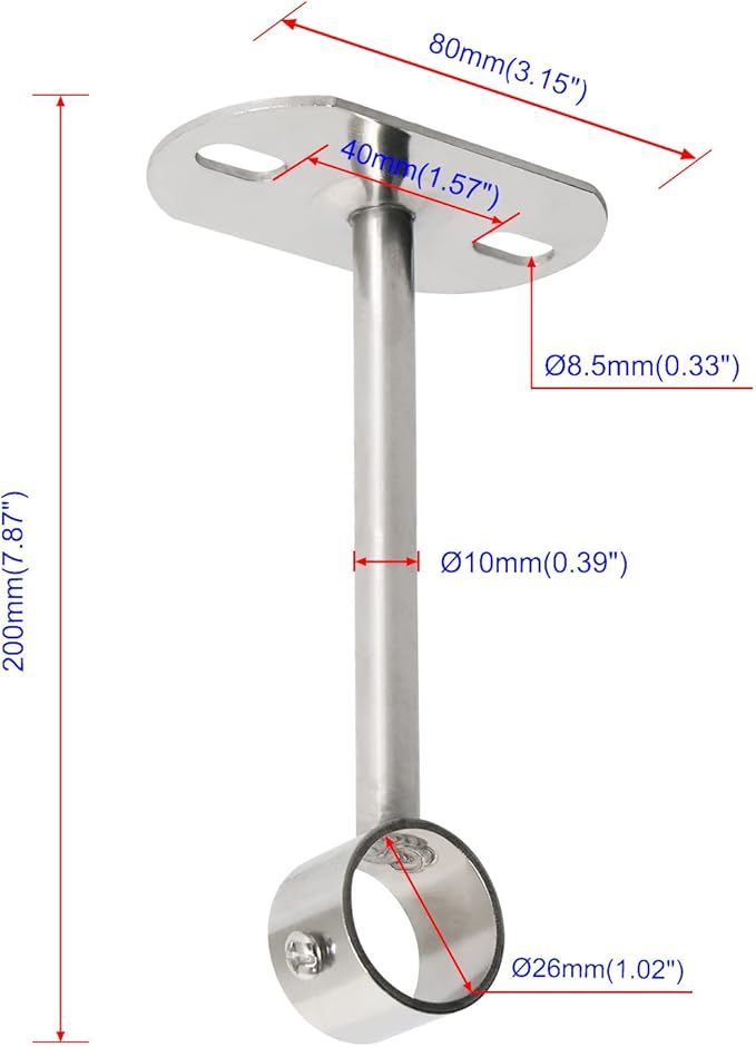 2Pcs ID25mm (1"), L200mm, Clothes Rail mounting Bracket, Shower Curtain Closet tie Rod Support Frame, Curtain Rod Flange Socket, Suitable for Ceiling or Wall mounting