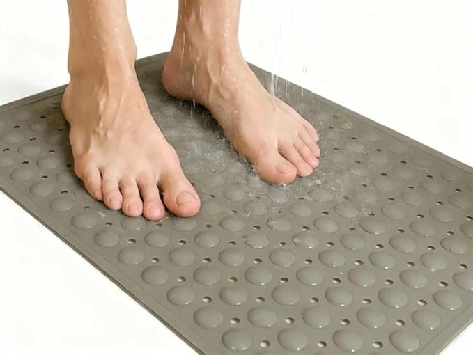 Bath and Shower Safety Mats 27.5x15 inch, Non Slip with Strong Suction Cups for Bathroom Stall and Tub Floor, Extra Large and Machine Washable, Drain Holes Keep Bathtub Clean, Soft on Feet, Grey
