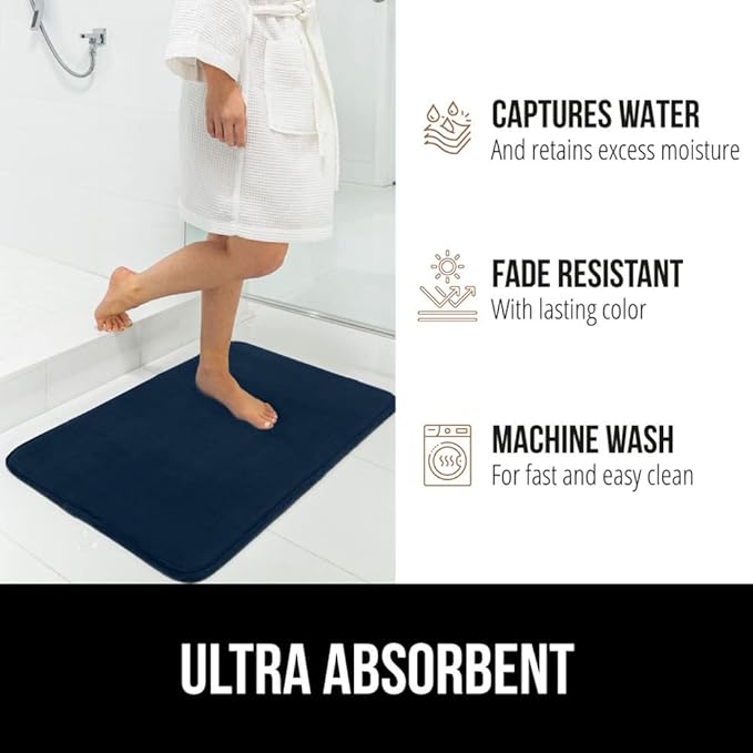 GORILLA GRIP Memory Foam Bath Rugs, Soft Absorbent Velvet Bathroom Mats, Durable Dots on Underside, Machine Washable Bathmat, Carpet Rug Room Decor for Shower Floor, 36x24 Mat, Navy Blue