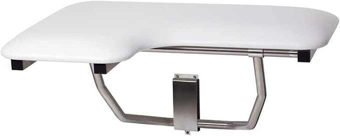 Seachrome Lift-Assist Shower Seat, L-Shaped Right-Hand, ADA, Wall Mount, Padded White Naugahyde