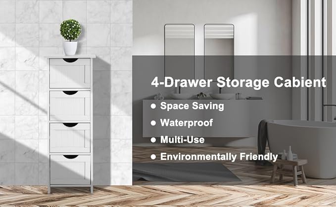 Bonnlo Skinny Bathroom Floor Storage Cabinet,White 12 Inch Wide Deep Small Storage Organizer with 4 Drawers, Wooden Modern Thin Free Standing Tower Cabinet w/ 4 Cute Drawers for Bathroom, Living Room
