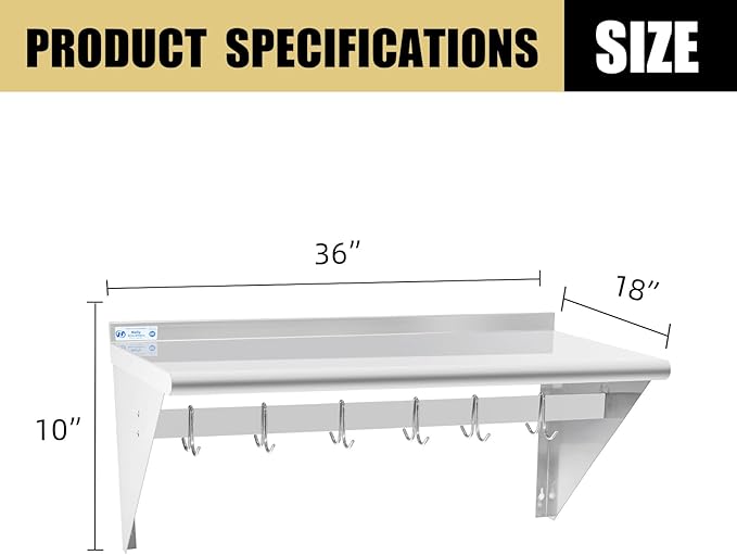 Hally Stainless Steel Shelf with 6 Hooks 18" x 36" Wall Mounted Pot Rack 350lb, NSF Commercial Floating Shelving for Storage Hanging Pots, Pans, cookware in Restaurant, Kitchen, Home and Hotel