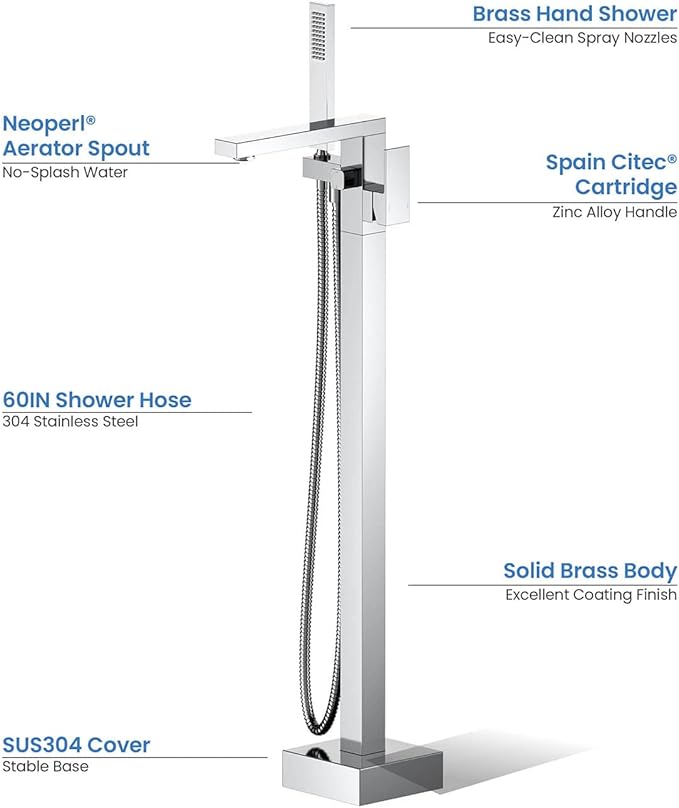 KIBI Cube Chrome Finish Freestanding Bathtub Faucet ‑ Floor‑Mounted Brass Tub Filler with Single‑Handle Bathroom Faucets with Hand Shower, Ceramic Cartridge & Stainless Steel Hose (KTF302CH)