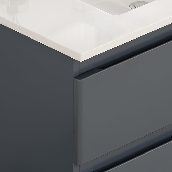 32" Wall Mounted Bathroom Vanity with Sink, Modern Dark Grey Floating Cabinet, Solid Plywood with Round Edges, 2 Soft Close Drawers, Handleless Design, Ceramic Top