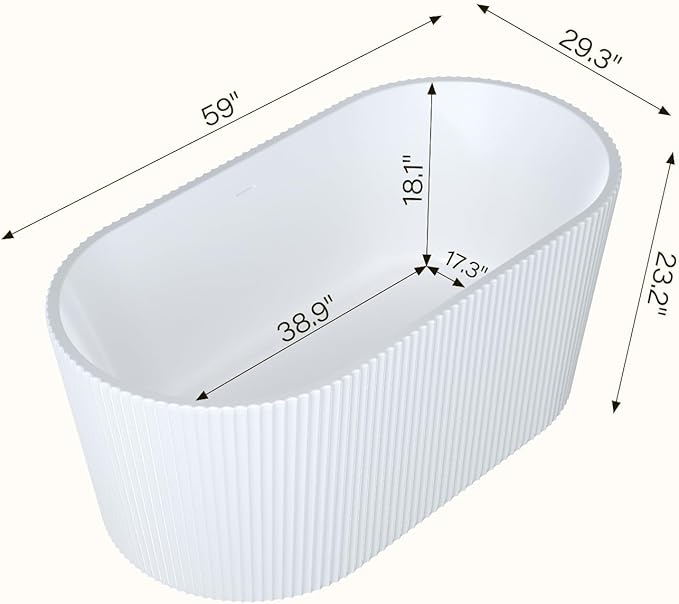 59" Acrylic Freestanding Bathtub, Soaking Tub with Brushed Gold Drain, Non-Slip Surface, Large White Bathtub for Adults, Durable Fiberglass Reinforced Free Standing Tub