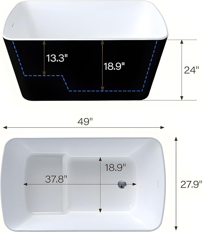 49 Inch Acrylic Freestanding Bathtub, Soaking Bathtub with Matte Drain and Overflow, cUPC Certified, Modern Square Tub with Deep Ergonomic Design and Double-Walled Insulation for Bathroom Use, Black