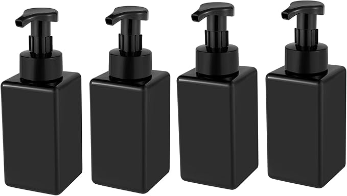 UUJOLY Foaming Soap Dispenser, 15oz Refillable Pump Bottle Plastic for Liquid Soap, Shampoo, Body Wash, 4 Pcs, Black