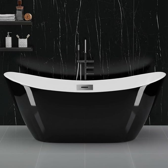 59" Freestanding Acrylic Bathtub, Deep Soaking Tub with Non-Slip Base & Chrome Drain, cUPC Certified, Black Ingot