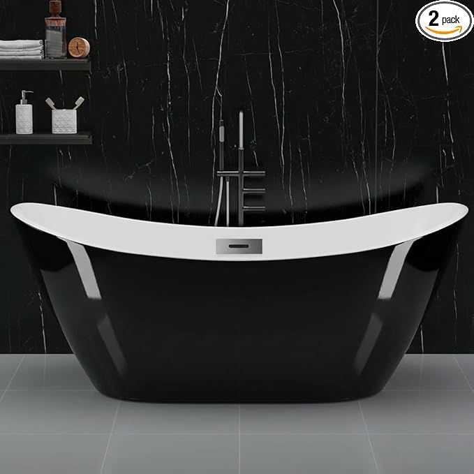 67" Freestanding Acrylic Bathtub, Deep Soaking Tub with Non-Slip Base & Chrome Drain, cUPC Certified, Black Ingot