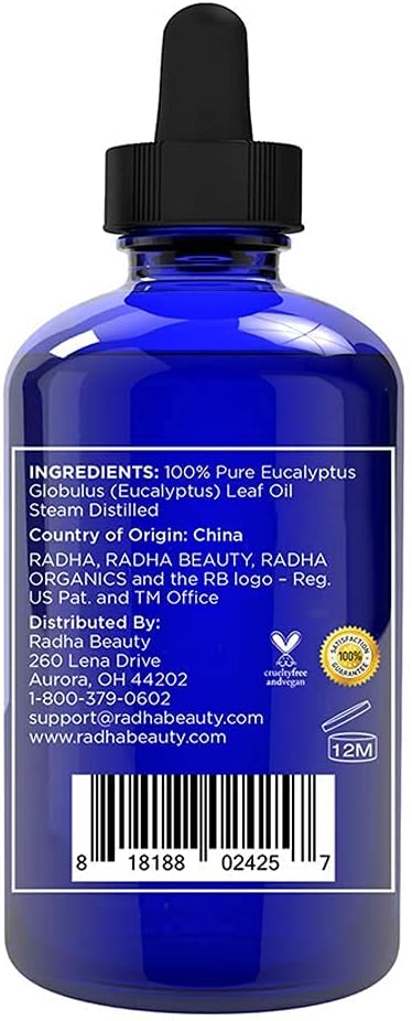 Radha Beauty Eucalyptus Essential Oil 4 oz - 100% Pure & Therapeutic Grade, Steam Distilled for Aromatherapy, Relaxation, Shower, Sauna, Bath, Steam Room and Other DIY Projects.