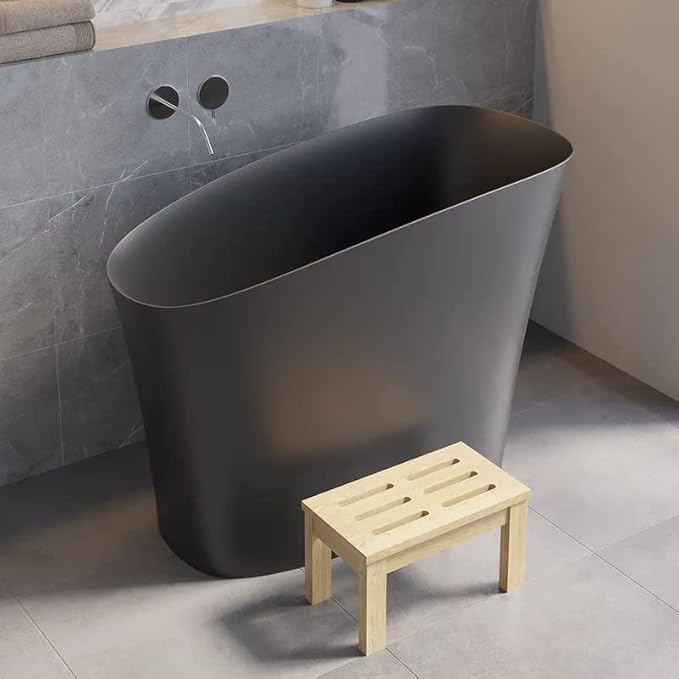 47" Freestanding Soaking Bathtub Modern Oblique Deep Stone Resin Japanese Soaking Bathtub in Matte Black
