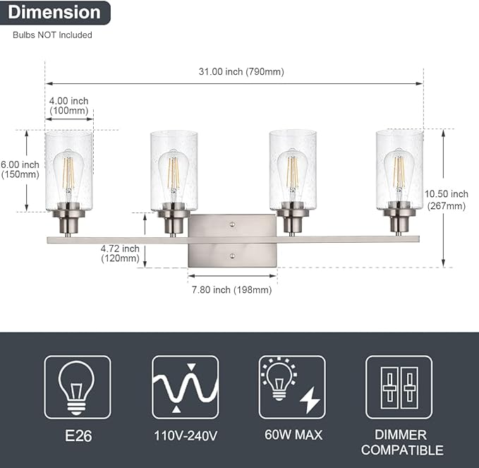 4-Lights Modern Vanity Light Fixtures for Bathroom Over Mirror, Farmhouse 31-Inches Length Seeded Glass Bath Wall Sconce Lighting in Brushed Nickel