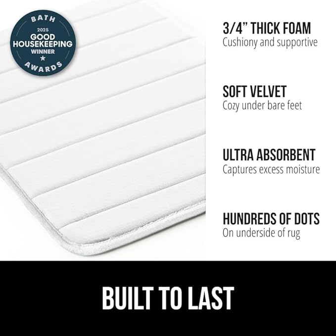GORILLA GRIP Memory Foam Bath Mat, Soft Absorbent US Designed Bathroom Rug, Gripping Dots Machine Washable Bathmat, Cushioned Floor Mats, Shower Sink Rugs Room Décor Accessories, 42x24 White
