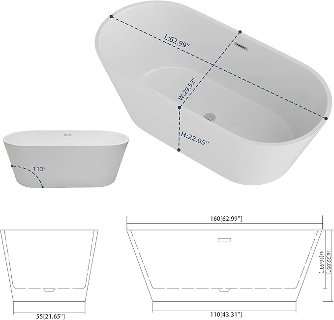 Sarlai 63 Inch Acrylic Freestanding Soaking Bathtub Contemporary Soaking White Tub Stand Alone Ergonomic Bathtub with Chrome Drain and Overflow