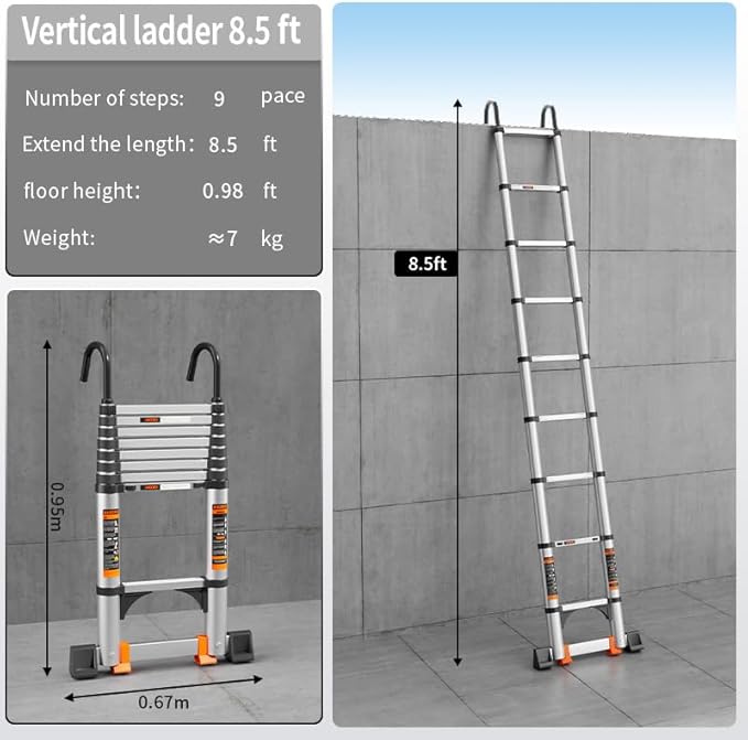 Telescoping Ladder,with Stable Hook and stabilizer barand,Extension Ladder, Heavy Duty 330lbs Max Capacity, Multi-Purpose Collapsible Ladder for RV or Outdoor Work (Aluminum, 8.5FT/2.6M(A-Button))