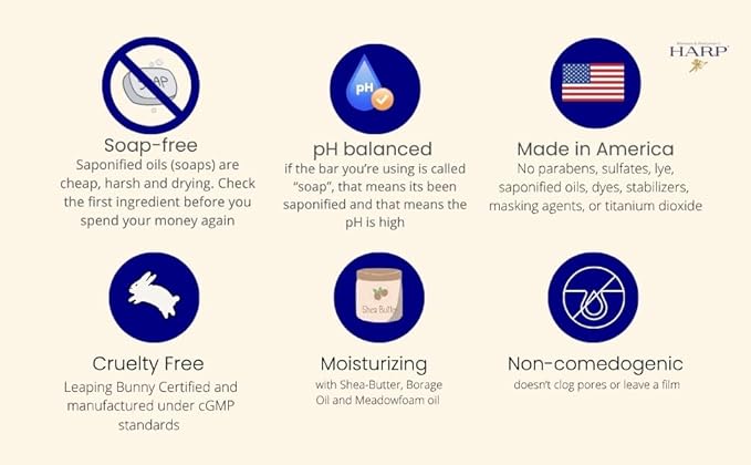 HARP pH-Balanced (5.0-6.0) Exfoliating Body Wash Bar - FRAGRANCE FREE. Bamboo Powder Exfoliation -the perfect consistency. Soap/Lye/Preservative/Dye/Masking agent-Free. Non-comedogenic.