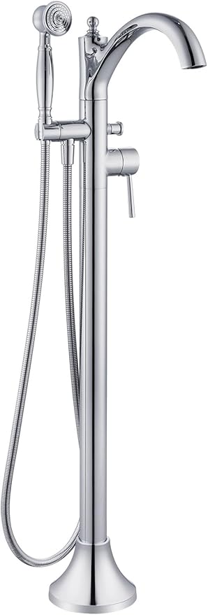 Free Standing Tub Faucet, Classic Freestanding Bathtub Faucet with Vintage Hand Shower Brass High Flow Rate Floor Mount Tub Filler Swivel Spout Soaker Tub Faucets Polished Chrome (WT-9002CP)