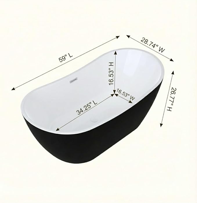 59" Freestanding Acrylic Bathtub, Deep Soaking Tub with Non-Slip Base & Chrome Drain, cUPC Certified, Black Ingot
