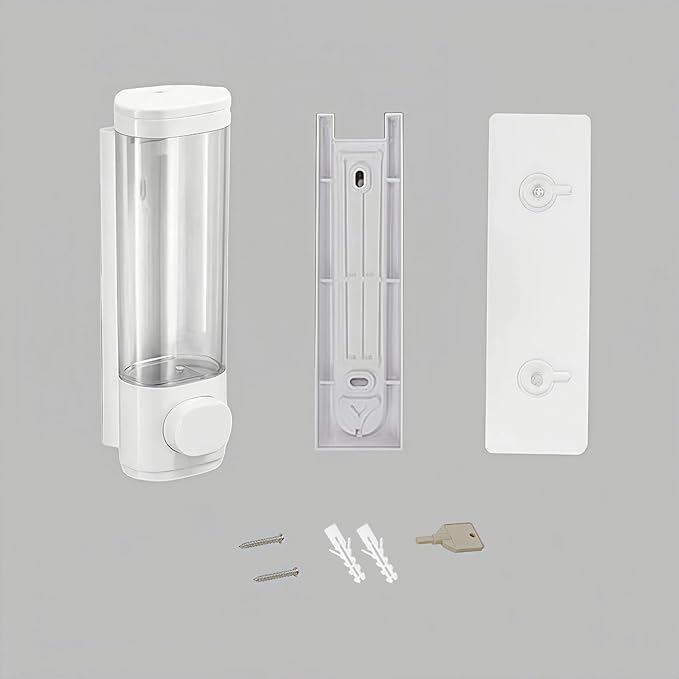 White Manual Bathroom Wall Mounted Soap Dispenser, 10oz/300ml Single Bathroom Shampoo and Conditioner Dispenser, Clear Plastic Refillable Liquid Lotion Pump Dispenser and Organizer