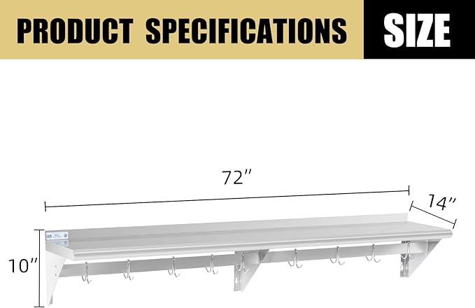 Hally Stainless Steel Shelf with 8 Hooks 14" x 60" Wall Mounted Pot Rack 400lb, NSF Commercial Floating Shelving for Storage Hanging Pots, Pans, cookware in Restaurant, Kitchen, Home and Hotel