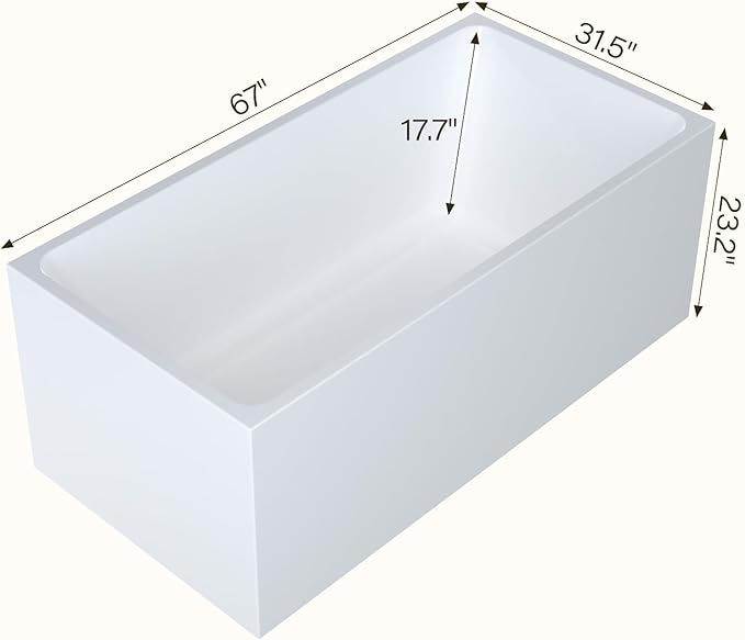 67" Acrylic Freestanding Bathtub - Modern Rectangular Soaking Tub, Glossy White Finish, Chrome Linear Overflow & Drain Kit, CUPC Certified