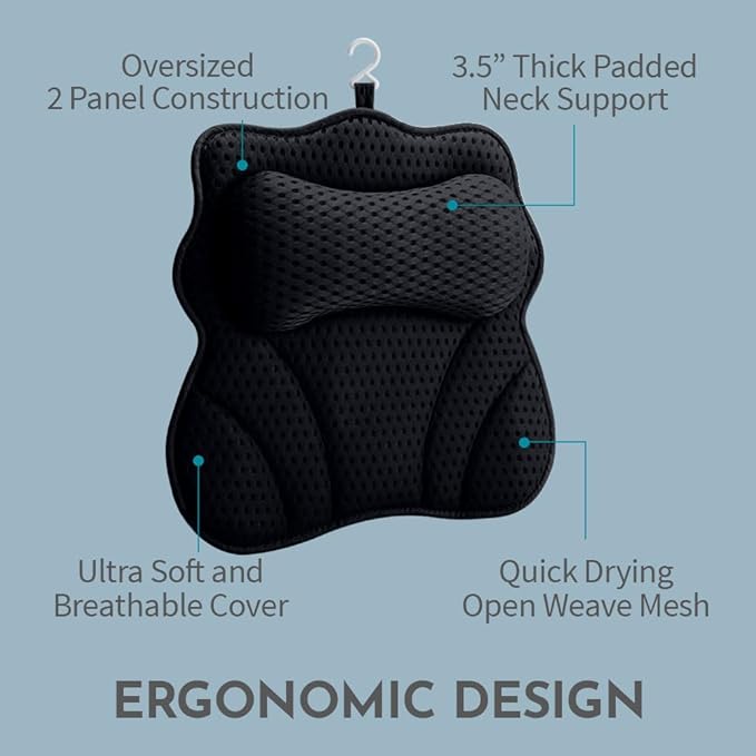 WONDERfoam Thick Padded Ergonomic Bath Pillow for Tub, Bathtub Headrest Neck and Back Support, Strong Suction Cups, Machine Washable Breathable Mesh Quick Dry Pillows, Luxury Spa Accessories, Black