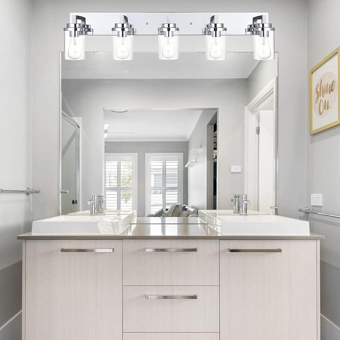 MELUCEE 5-Lights Bathroom Vanity Light Fixtures Chrome, Modern Vanity Lighting with Clear Glass Shade, Industrial Wall Mount Lights for Mirror Cabinet Sink