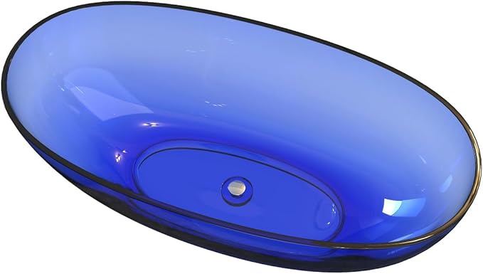 61" Premium Solid Surface Freestanding BathTubs, Upgraded Modern Transparent Blue Design Stand Alone Tub with Pop-up Drain