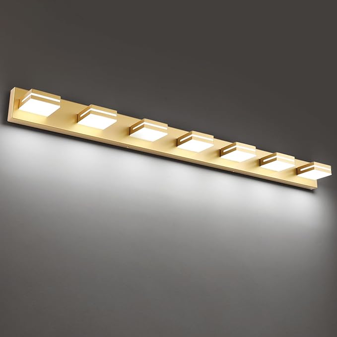 SineRise LED Modern Bathroom Vanity Light Fixtures (7-Light, 55-Inch), Gold Modern Acrylic Bathroom Wall Lighting Fixtures Over Mirror (Cool White 6000K)