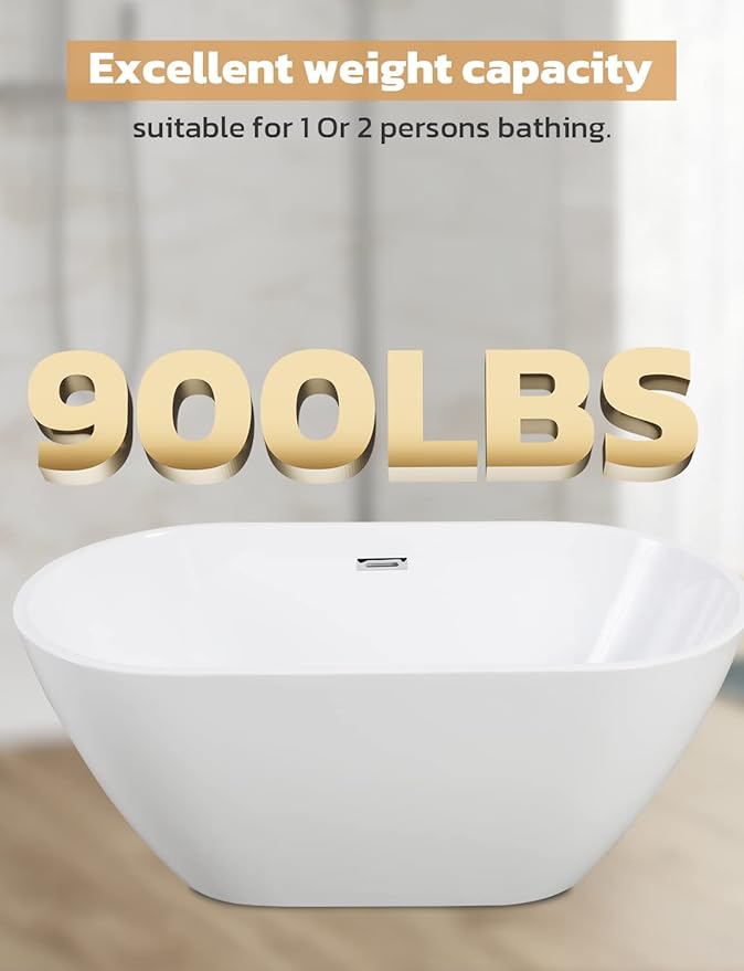 55" Sleek White Acrylic Freestanding Bathtub, Soaking Tub with Brushed Chrome Overflow and Drain
