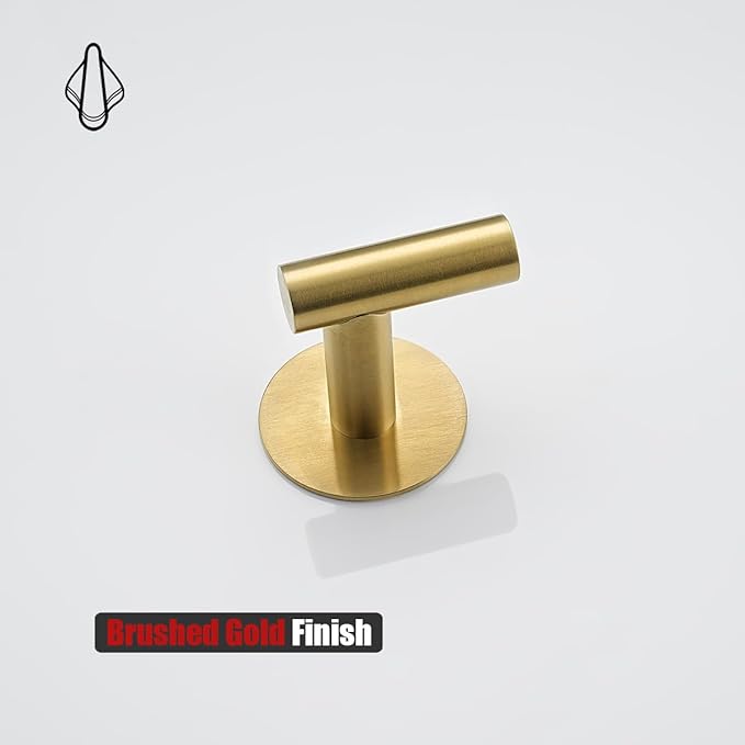 JQK Self Adhesive Towel Hook Gold, No Drill Stick on Coat Robe Clothes Wall Hook for Bathroom Kitchen Garage 2 Pack, 304 Stainless Steel Brushed Gold, ATH110-BG-P2