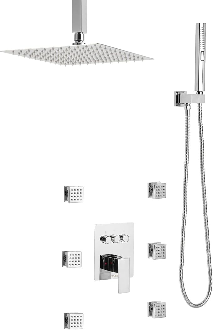 VEVOR Shower Faucet Set, 10 Inch Ceiling Mount Rainfall Shower System with 6 Body Jets and 2 in 1 Handheld Spray, Rotatable 3-Function Rain Head System Set, Complete Brass Valve and Trim Kit, Chrome