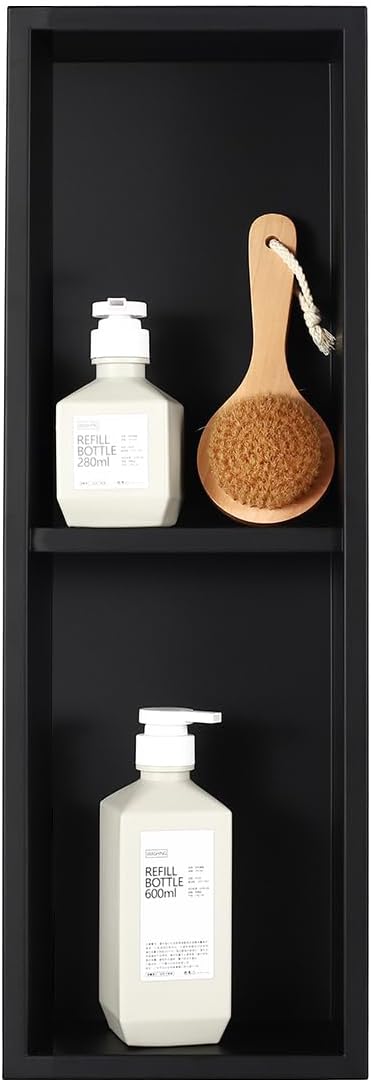 Narrow Shower Niche for Tiny Bathroom Storage, No Tile Needed,Recessed Wall Niche, Double Shelves, Stainless Steel, (Black, 24 * 8 in)