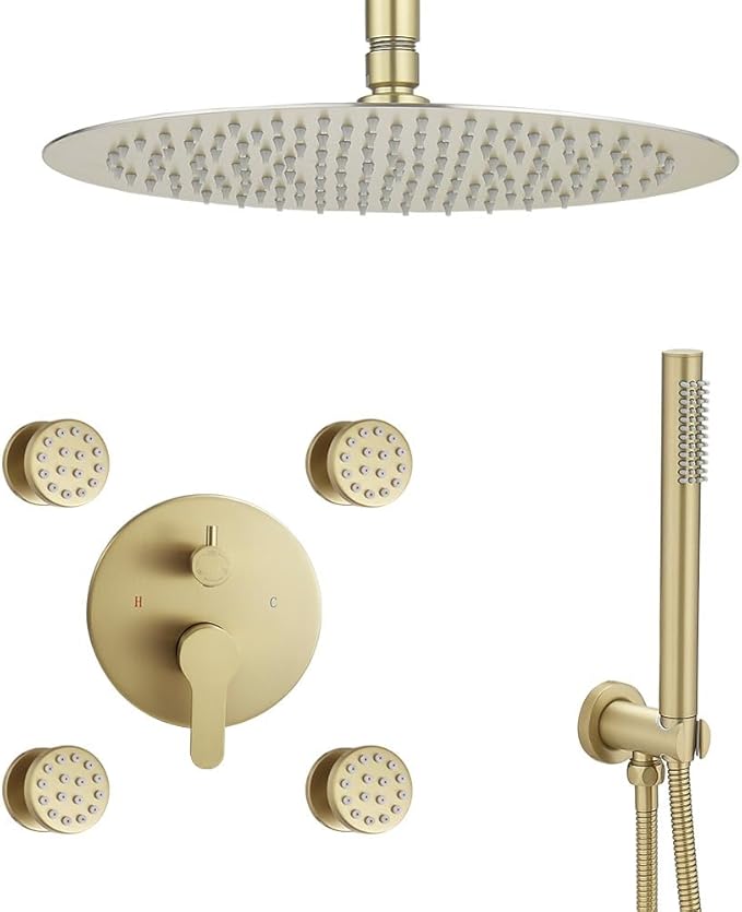 Brushed Gold Round Shower Faucet Set with Body Jets 12 Inch Shower Head Handheld Shower Combo Set High Pressure Ceiling Mount with Rough-in Valve