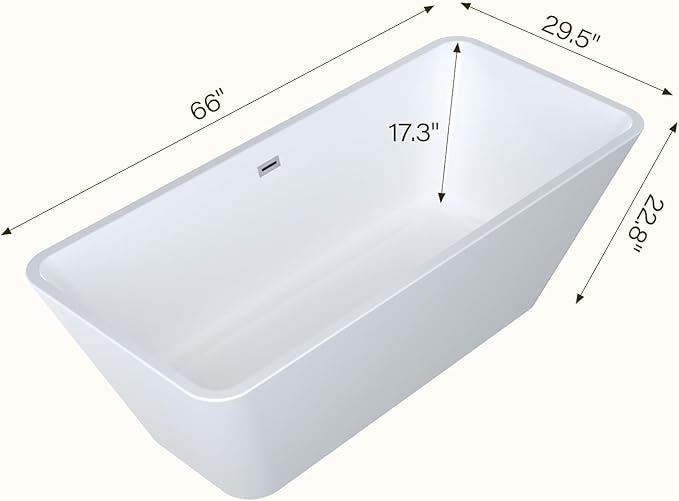 66"Acrylic Freestanding Bathtub, Modern Soaking Tub with Matte Drain and Black Overflow, Glossy White, Deep Ergonomic Design, Double-Walled Insulation, CUPC Certified Bath Tub