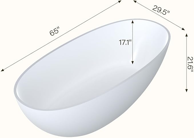 GarveeLife Freestanding Solid Surface Bathtub 65 Inch – Matte White Stone Stand Alone Soaking Tub with Ergonomic Curves, Deep Modern Bathtub for Luxury Main Bathroom