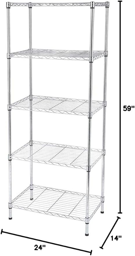 5 Tier Storage Racks Shelving, Heavy Steel Pantry Shelves, Adjustable Wire Shelving Rack, Suitable for Garage, Kitchen, Bathroom, Office, 24" W x 14" D x 59" H, Chrome