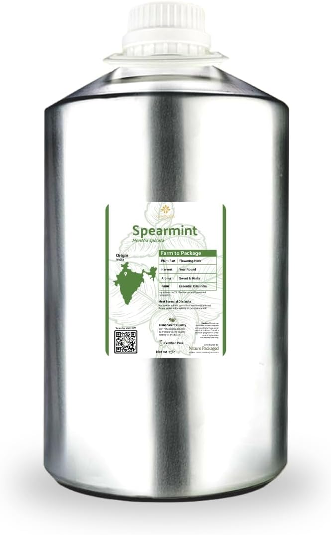 Spearmint Essential Oil - Direct from Essential Oils India - Steam Distilled - Aceite Esencial de Menta Verde for Aromatherapy, Massage, Diffuser, DIY Candle and Soap Making - 22lbs