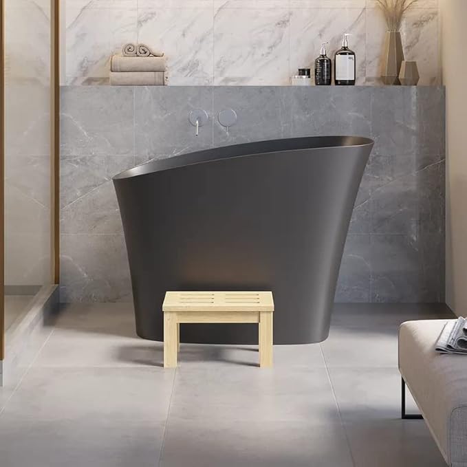47" Freestanding Soaking Bathtub Modern Oblique Deep Stone Resin Japanese Soaking Bathtub in Matte Black