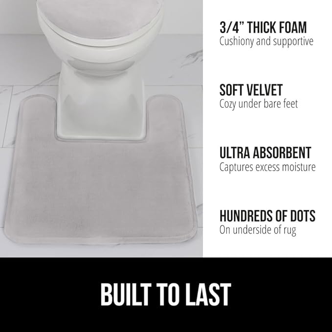 GORILLA GRIP Thick Memory Foam Toilet Rug for Bathroom, Square Shaped Washable, Absorbent Velvet Topside Floor Mats, Machine Wash, Cushioned Luxury Rugs for Bath Room, 22.5 x 19.5 Soft Gray