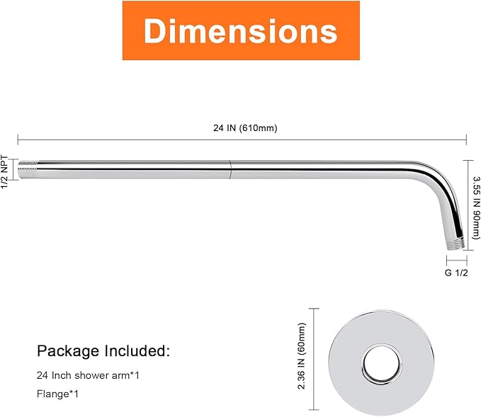 HarJue Shower Arm with Flange and Teflon Tape, Wall Mounted Shower Pipe 304 Stainless Steel Extension Arm for Fixed Shower Head & Handheld (24 Inch, Chrome)