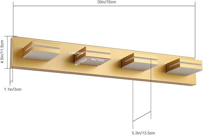 SineRise LED Modern Bathroom Vanity Light Fixtures (4-Light, 30-Inch, Dimmable), Matte Gold Modern Acrylic Bathroom Wall Lighting Fixtures Over Mirror (Cool White 6000K)
