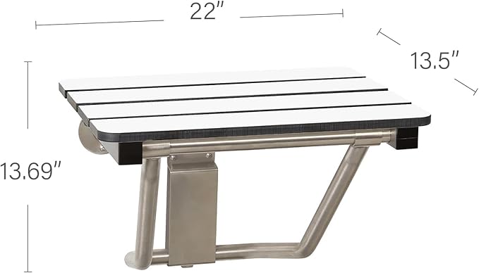 22" x 15" Phenolic White 3” Slats Folding Wall Mount Shower Seat Bench, ADA Compliant