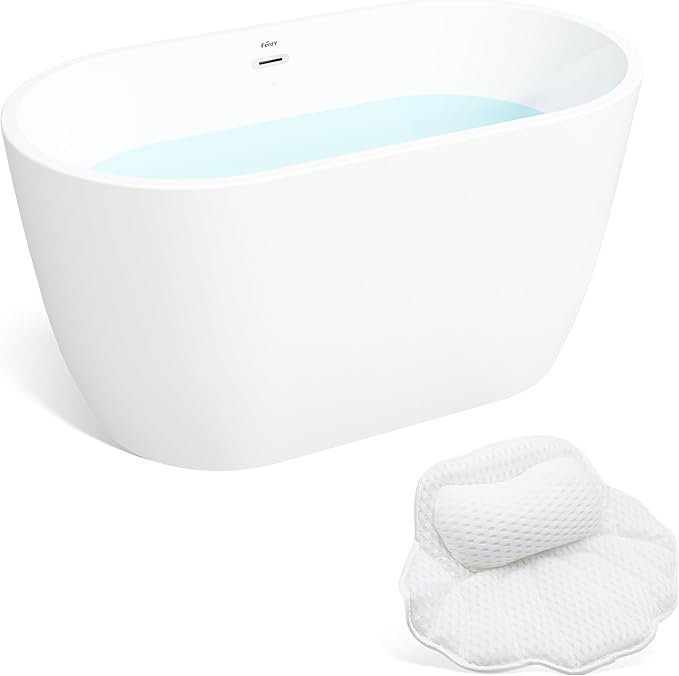 FerdY 47" Bali Acrylic Freestanding Bathtub with Headrest, Gracefully Shaped Freestanding Soaking Bathtub, cUPC Certified, Toe-Tap White Drain & Overflow & Bath Pillow Included