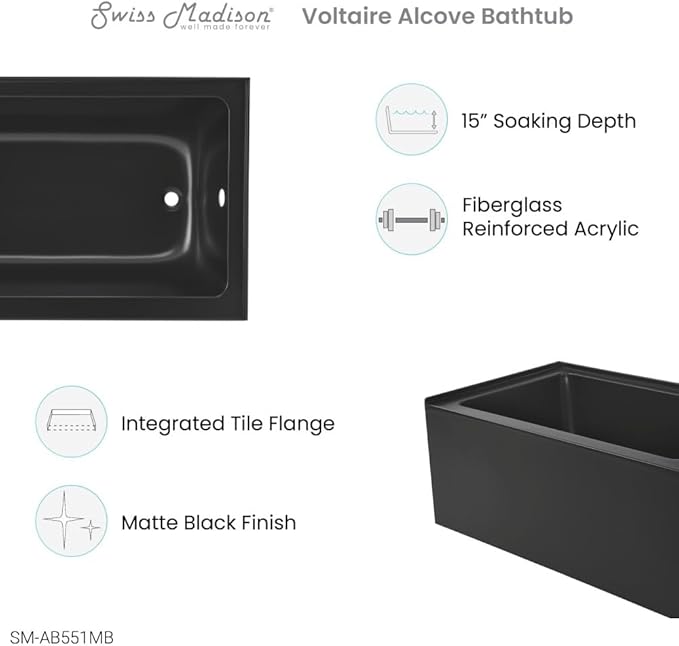 Voltaire 48" X 32" Right-Hand Drain Alcove Bathtub with Apron in Matte Black