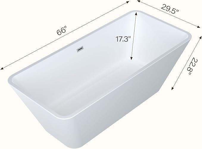 66 Inch Freestanding Bathtub, Acrylic Deep Soak Tub, Glossy White, Easy Install with Overflow & Drain