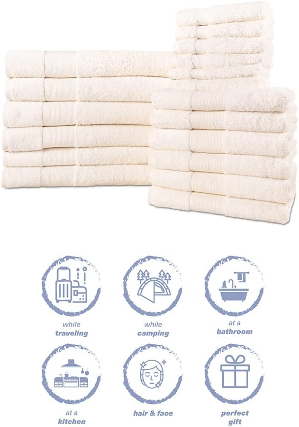 Hencely 18-Piece Bath Towel Set - High Absorbency, Quick Drying - 100% Soft Turkish Cotton - 6 Bath Towels, 6 Hand Towels, 6 Washcloths - for Bathroom, Home, Hotel, Spa, and Gym - 18-Pack Ivory