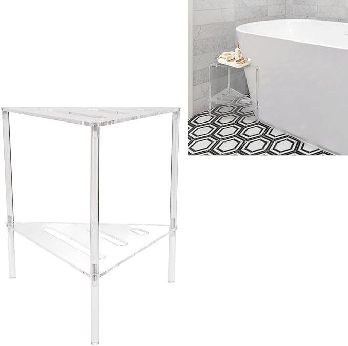 Corner Shower Caddy, 2 Tier Acrylic Bathroom Corner Shelf Clear Standing Shower Shelves Countertop Floor Rack Stand for Kitchen Bathroom
